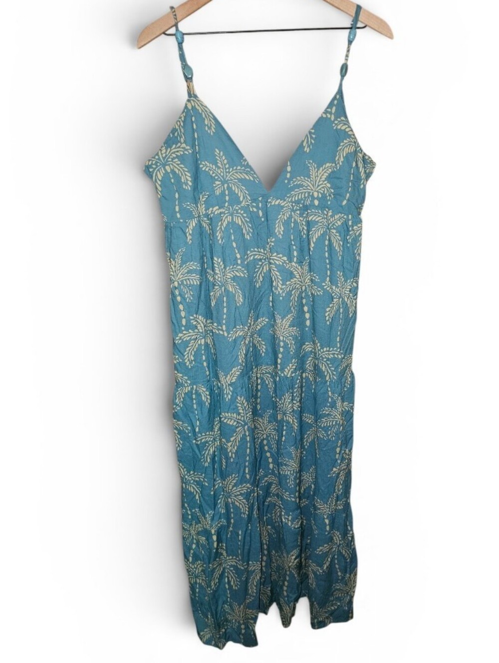 TRUE DESTINATIONS Blue Tropical Maxi Dress w/ Bead Accent Straps - Large